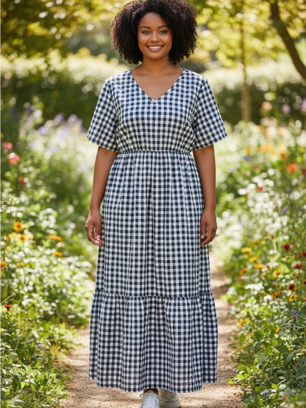 Emery Rose 1XL Blue White Gingham Tiered Maxi Dress